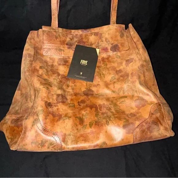 NWOT Frye Large Charlie Tote Shoulder Bag Floral Print on Brown Leather Pockets